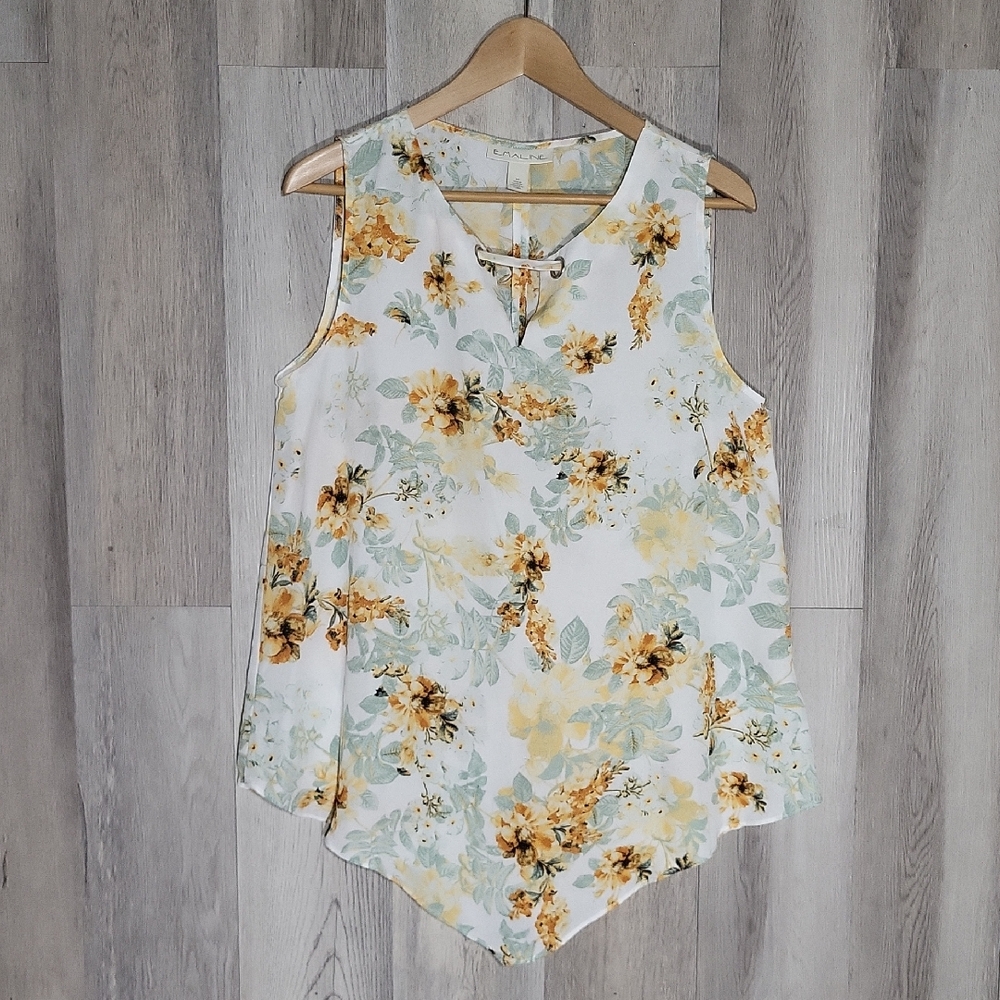 Emaline Womens Medium Floral Blouse Sleeveless Silky V Neck Lightweight